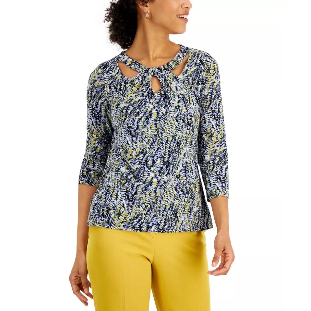 NEW Kasper Women's Blue & Yellow Printed Twist-Neck Cut Out Top Size M